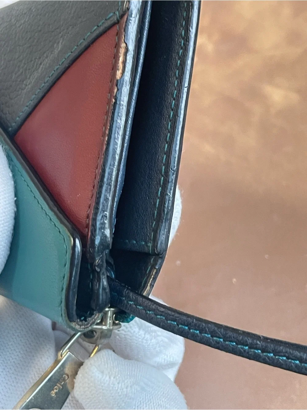 Chloé Tri-Color Leather Continental Wallet — Teal, Navy & Burgundy
